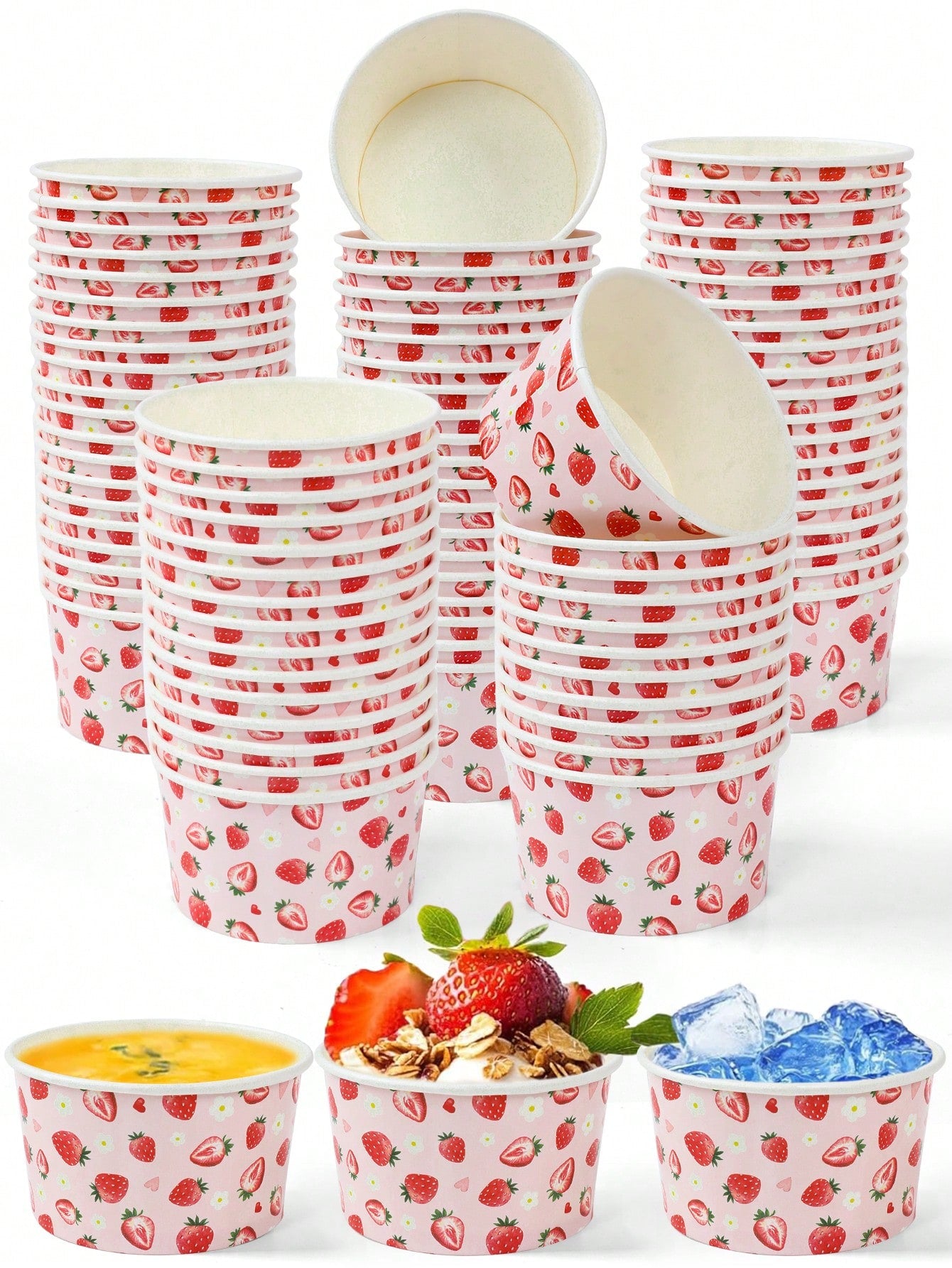 10/25pcs Pink Strawberry Paper Bowls, Cute Strawberry Disposable Paper Bowls, Ice Cream Bowls, Candy Bowls, Disposable Tableware, Snack Bowls, Disposable Food Containers, Cookie Baking Bowls, Tabletop