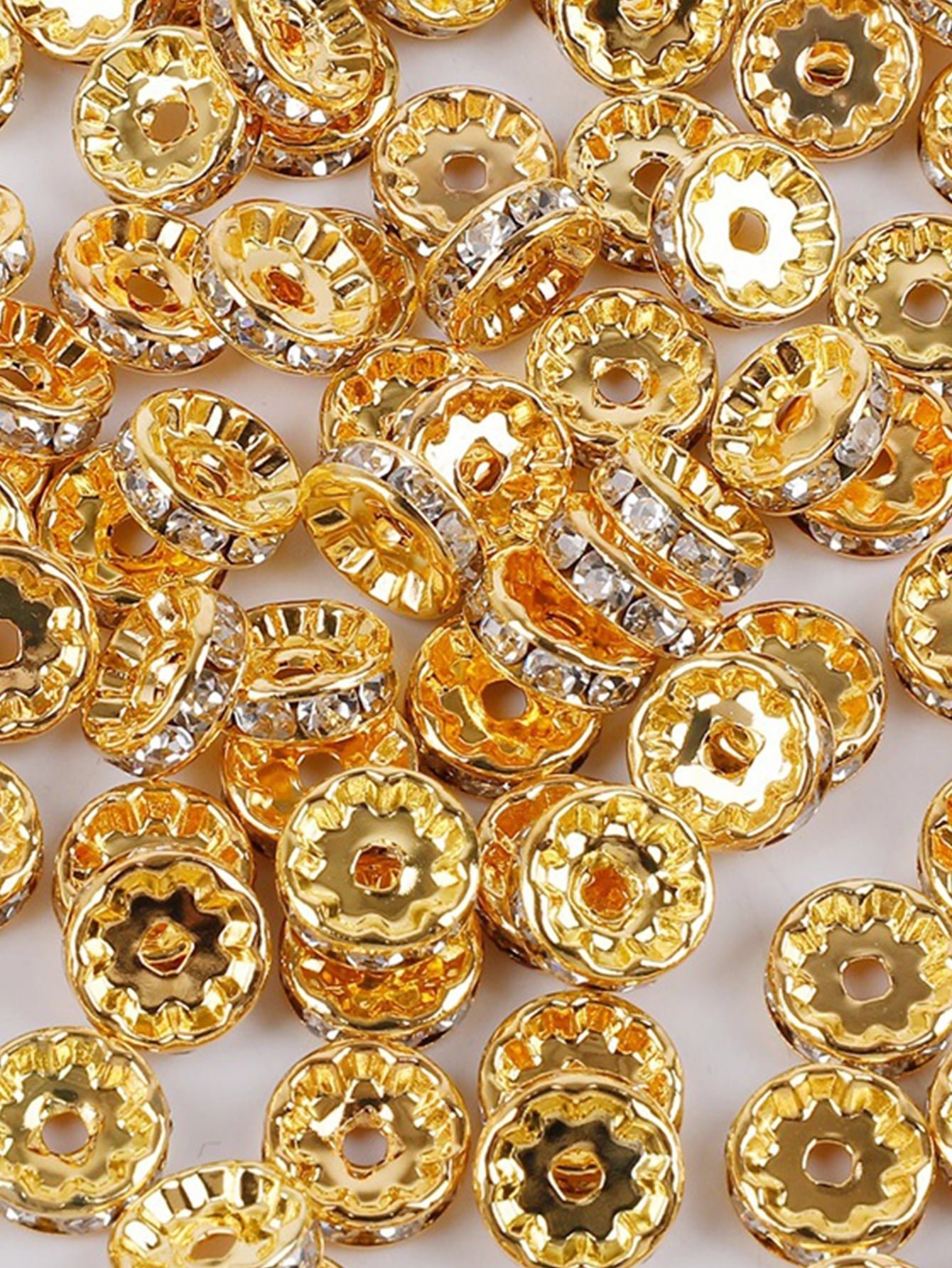 100pcs Gold Tone White Rhinestone Diy Handmade Spacer Beads For Jewelry Making Necklace Loose Beads Round Shape With Holes