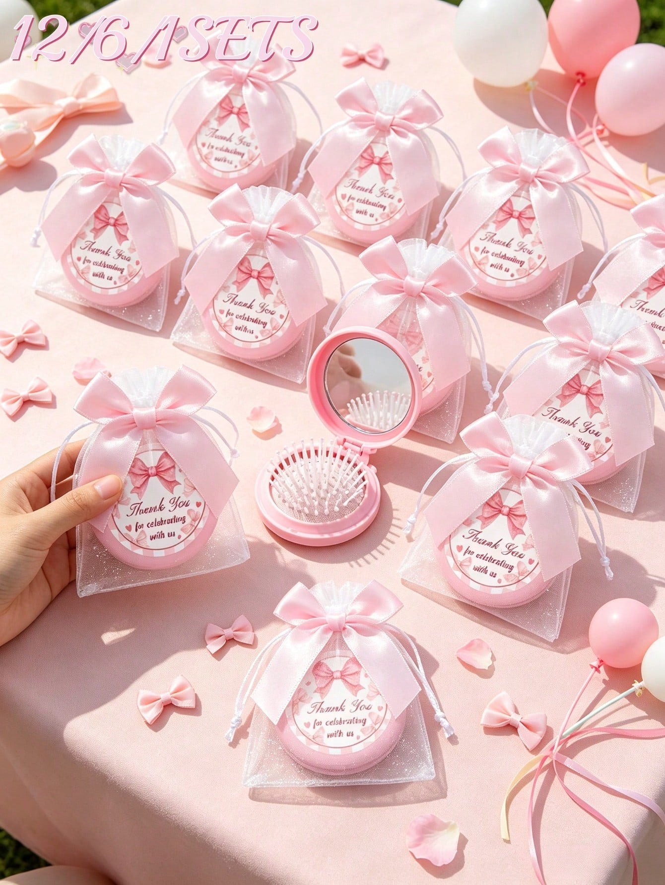 12/6/1-Pink Bow Plaid Style Portable Folding Air Cushion Mirror Comb With Pink Bow Organza Bag Set- DIY Fillable Gift Bag, Cute Pink Gift Packaging Bag Thank You Gift- Suitable For Gender Reveal Par