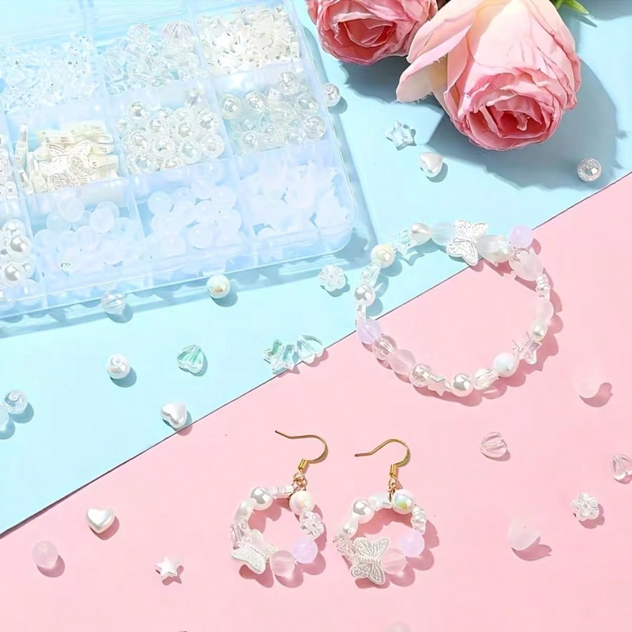15-Grid White Series Straight Hole Beads, Including Heart, Colorful Heart, Flower Bud, Butterfly, Five-Pointed Star And Round Beads, DIY Jewelry Creative Making, Suitable For Beginners