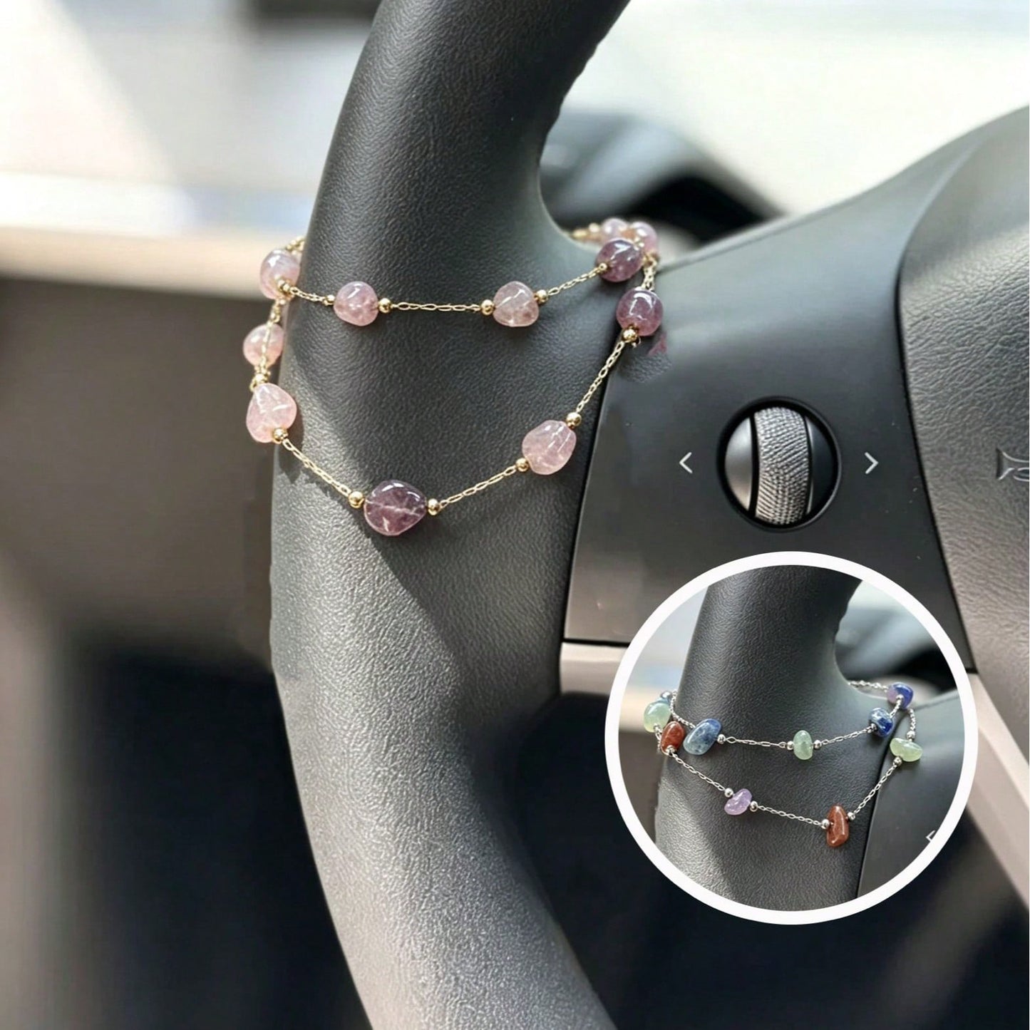 1pc Asymmetrical Stone Bead Steering Wheel Chain, Dainty Multicolor Beaded Auto Interior Decor Vehicle Accessory