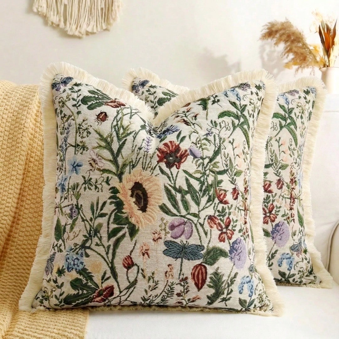 1pc French Vintage Floral Jacquard Soft Cushion Cover, Spring Summer Pastoral Tassel Sofa Cushion, INS Dorm Decor, Bed Headboard Decorative Pillow, Farmhouse Style Tassel Throw Pillow Cover, Bohemian