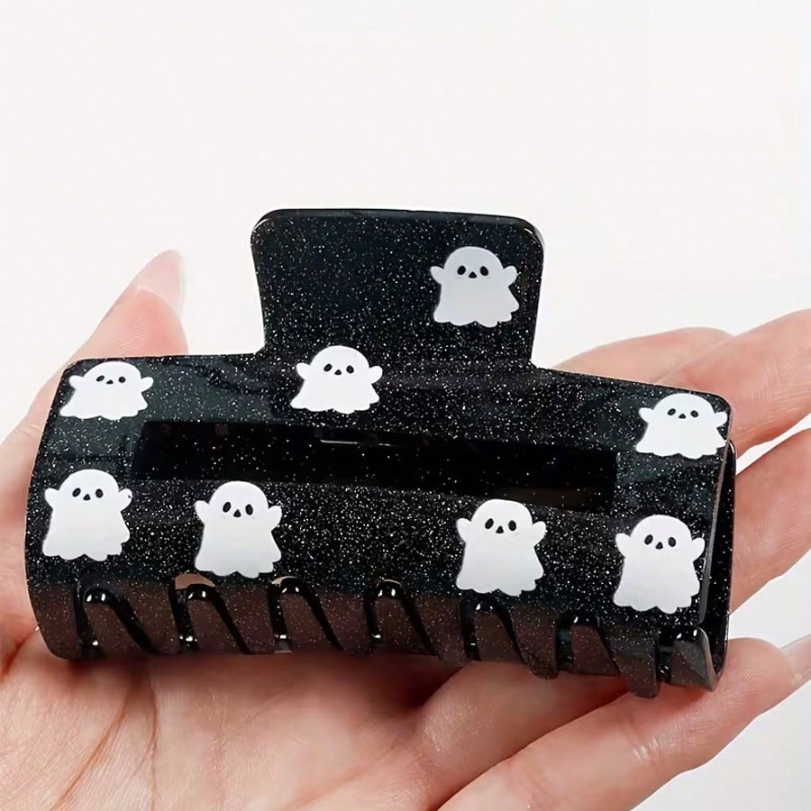 1pc Halloween Ghost Print Hair Clip, Vintage Y2K Style, Oval Long Hollow Design, Large Single Hair Accessory