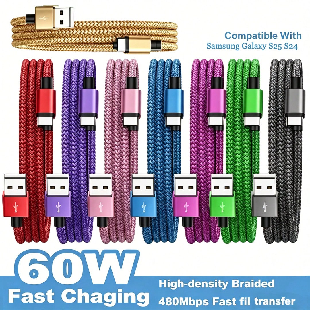 1Pc Nylon Braided USB To Type C Fast Charging Cable Tangle Free High Speed Data Sync Cord Compatible Android Phone Power Bank Car Holiday Daily Essential Accessories