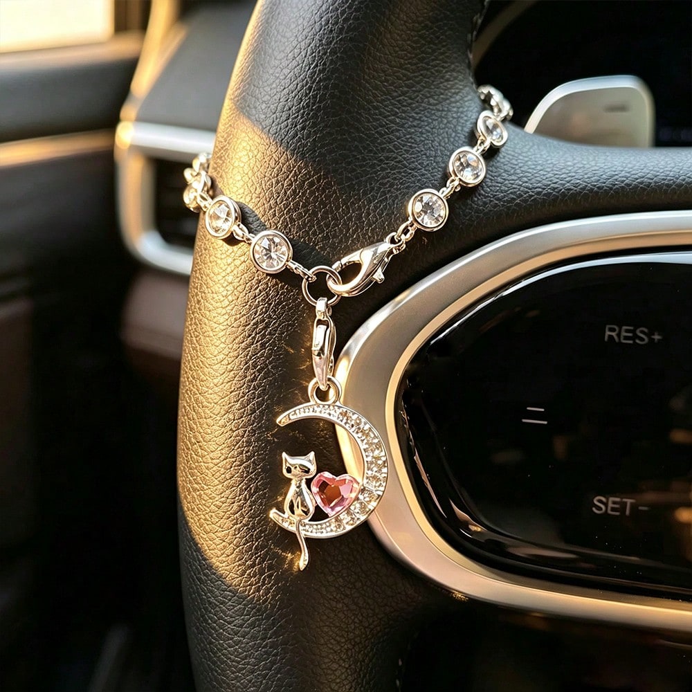1pc Rhinestone Heart Moon Cat Car Hanging Ornament, Steering Wheel Decoration Chain Crystal Pendant, Premium Car Interior Decor Accessory