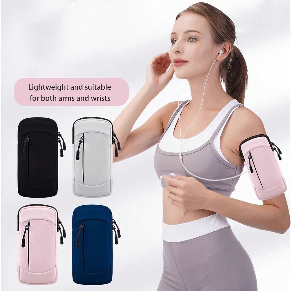 1pc Sports Waterproof Arm Bag, Solid Color Polyester Fiber, Zipper Closure, Universal, Suitable For Running, Hiking, Fitness- Adjustable Wrist Strap Phone Pouch