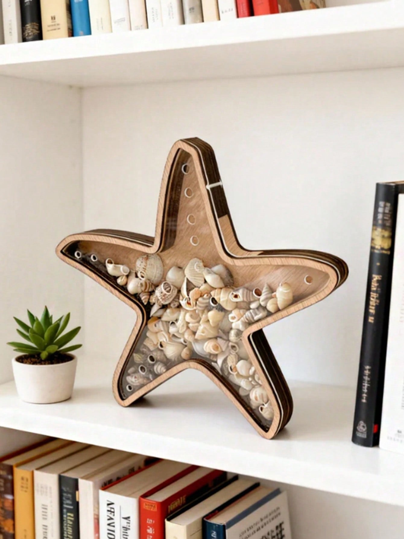 1pc Starfish Desktop Display Stand Ocean Theme Decor Jewelry Storage Rack Wooden Transparent Coin Bank Starfish Display Box Creative Wooden