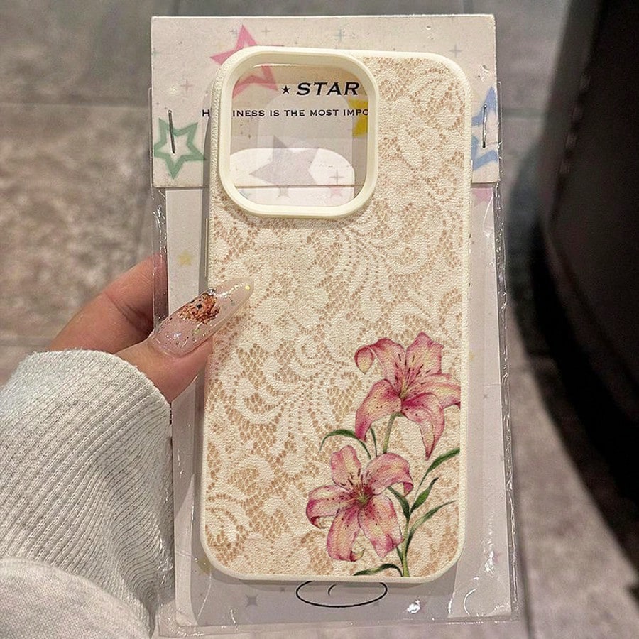 1pc TPU Material Elegant Light Pink Lace Pink Lily Pattern Phone Case Compatible With IPhone 17 Pro Max/17/16 Pro Max/15/13/12/11/ S20 FE/A15/S24/A55/ Note 11/Note 12/Note 13 Pro Full Coverage Shockpr