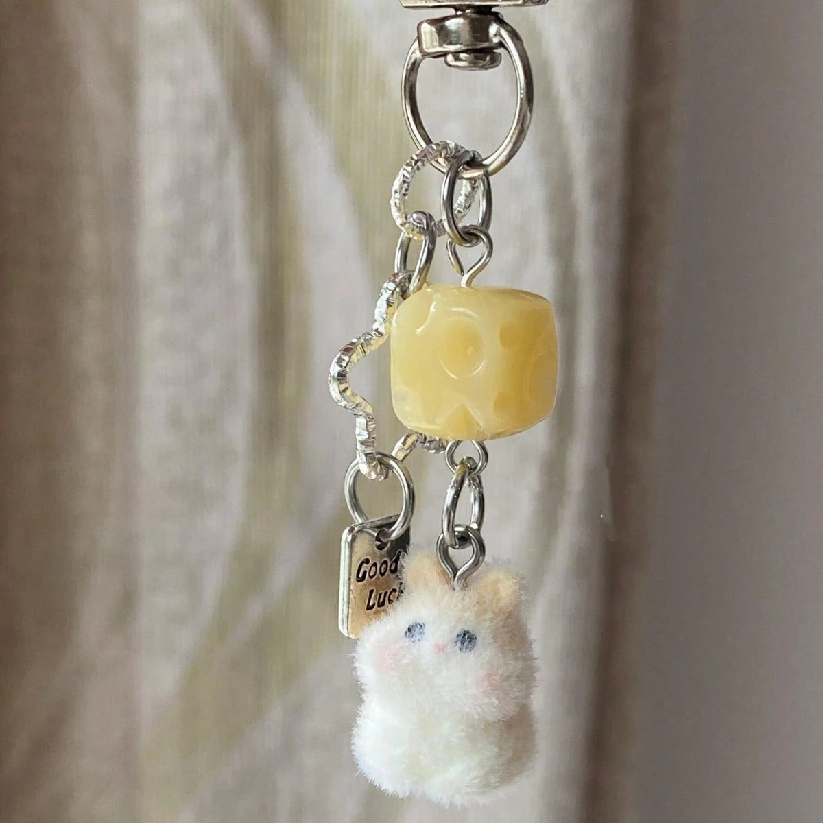 1pc Unisex Flocked Teddy Bear Keychain With Cute Bow, Heart And Star Pendant, Cartoon Accessory Bag Charm
