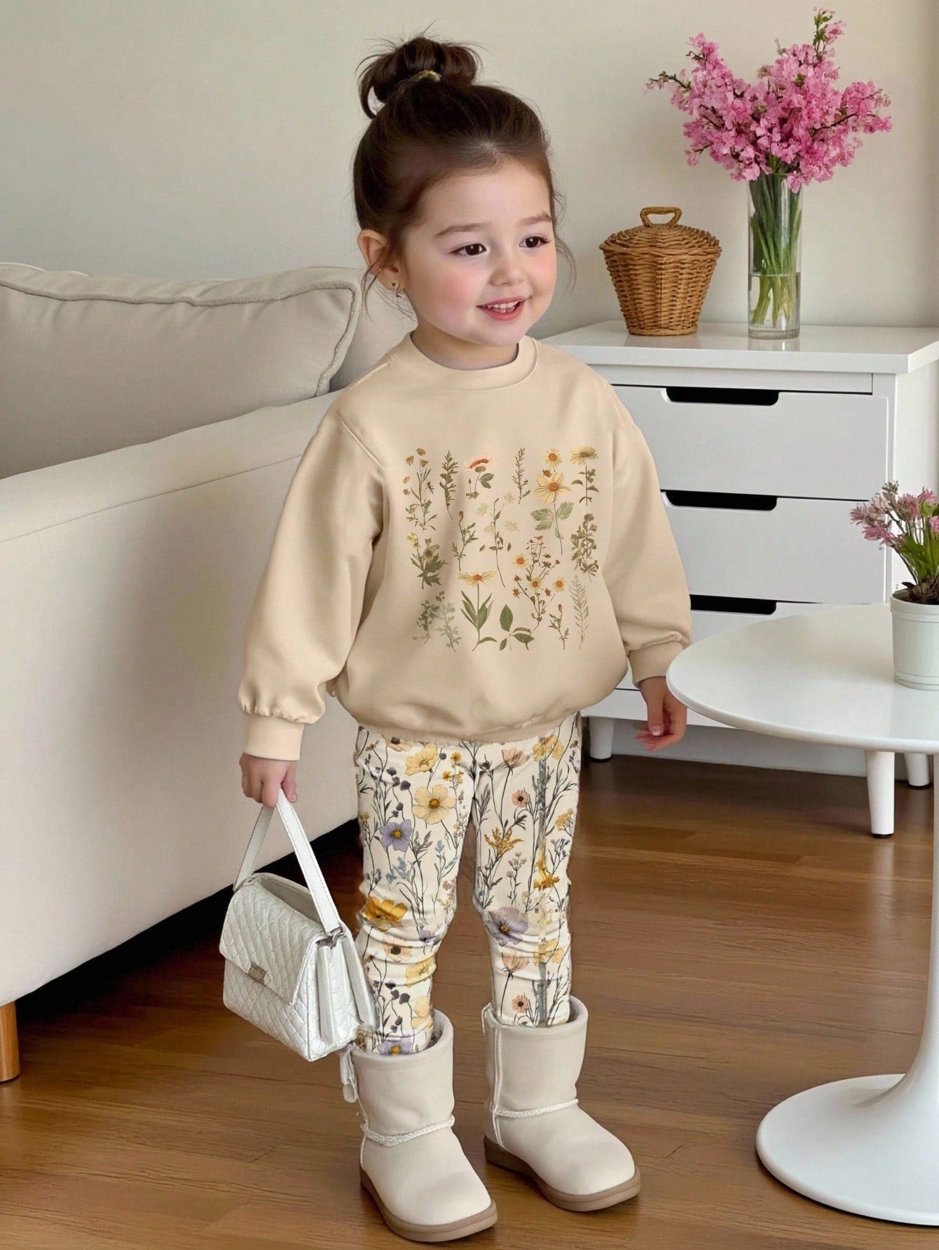 2pcs/Set Baby Girls Beige Floral Print Knit Sweatshirt And Leggings,Autumn Tropical Matching Family Outfit,Sweet Round Neck Long Sleeve Casual Set
