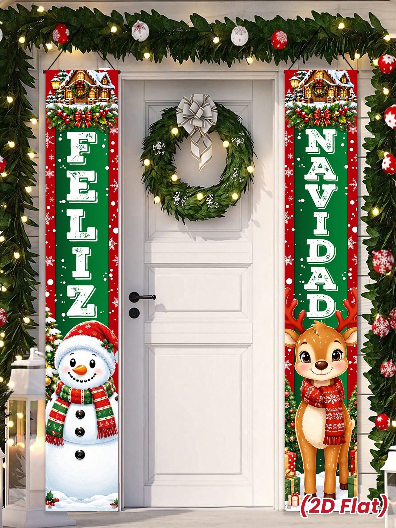 2pcs/Set Christmas Spanish Snowman & Reindeer Decorative Door Banner, Spanish Snowman & Reindeer Pattern Banner, Christmas Party Decoration Backdrop, Christmas Indoor/Outdoor Porch Wall Decoration Han