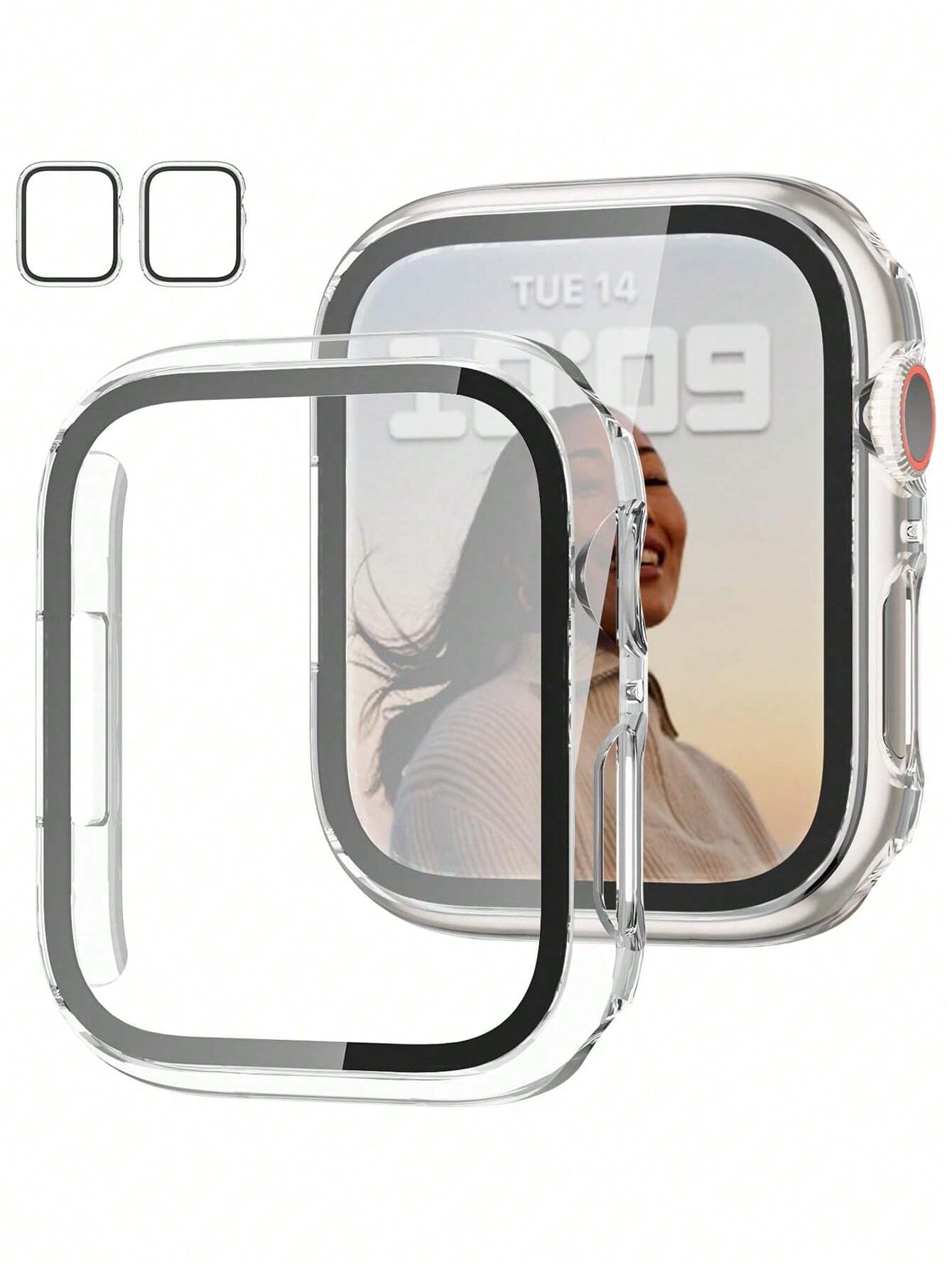 2pcs Transparent PC + Tempered Glass Integrated Watch Case, Anti-Drop Fashionable Protective Cover, Compatible With Apple Watch 38/40/41/42/44/45/46/49mm, Compatible With Apple Watch Series Ultra/SE/1