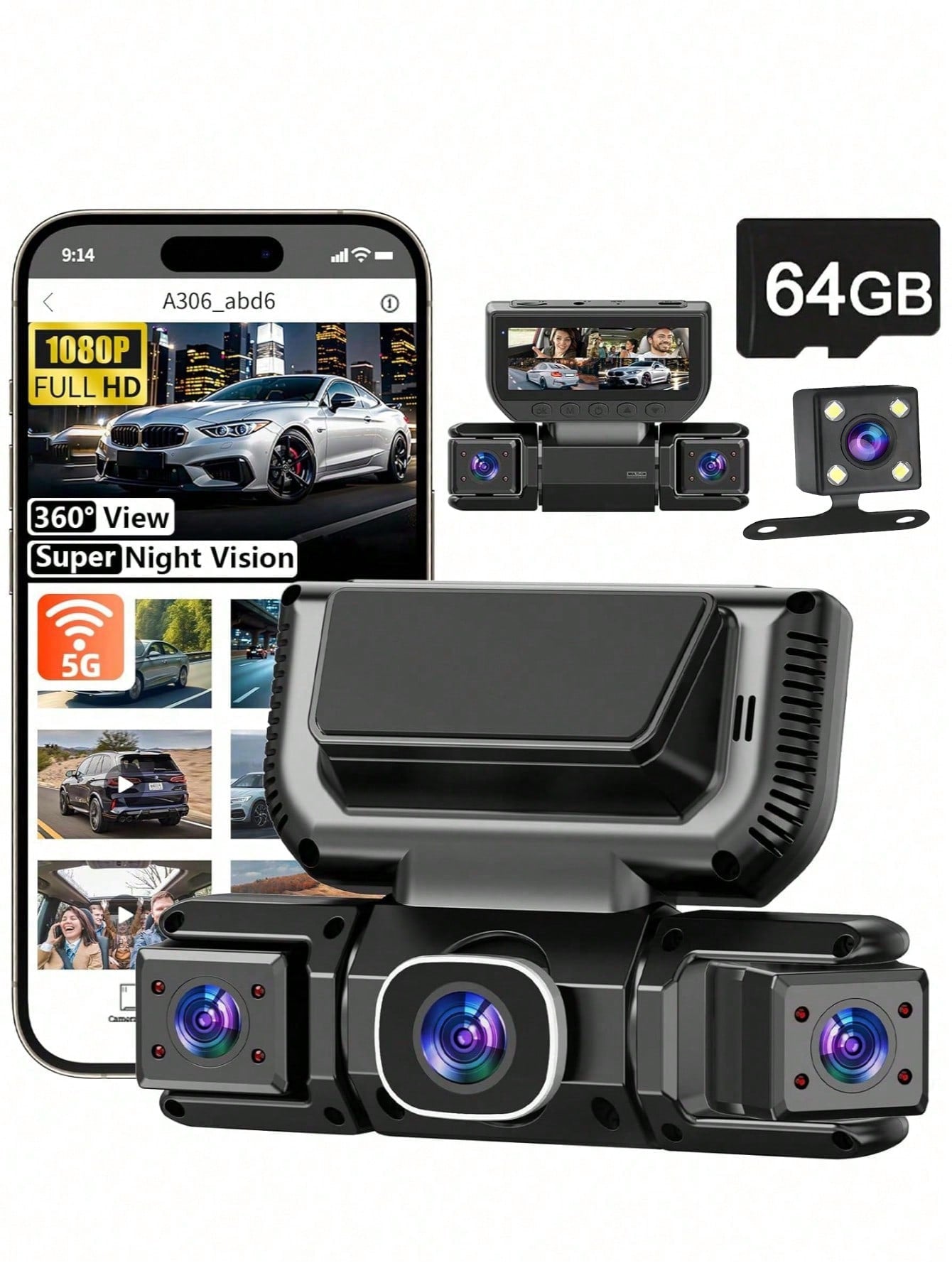360° Panoramic 4-Channel Dash Cam With Front And Rear Dual Recording, Dual 1080P HD Lenses, 170° Wide Angle, 5GHz WiFi & App Control, Cyclic Recording, Night Vision, G-Sensor, Parking Monitoring, Incl