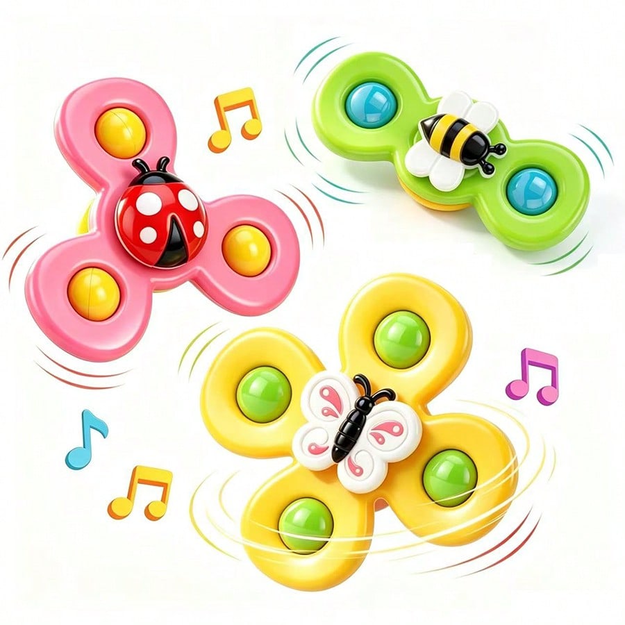 3pcs Baby Insect Shaped Bath Toys With Suction Cups, Cartoon Animal Rattle Rotating Sensory Toys, Made Of ABS, Designed As Rotating Windmill Shape, Can Be Attached To Bathtub Walls, Suitable For Toddl