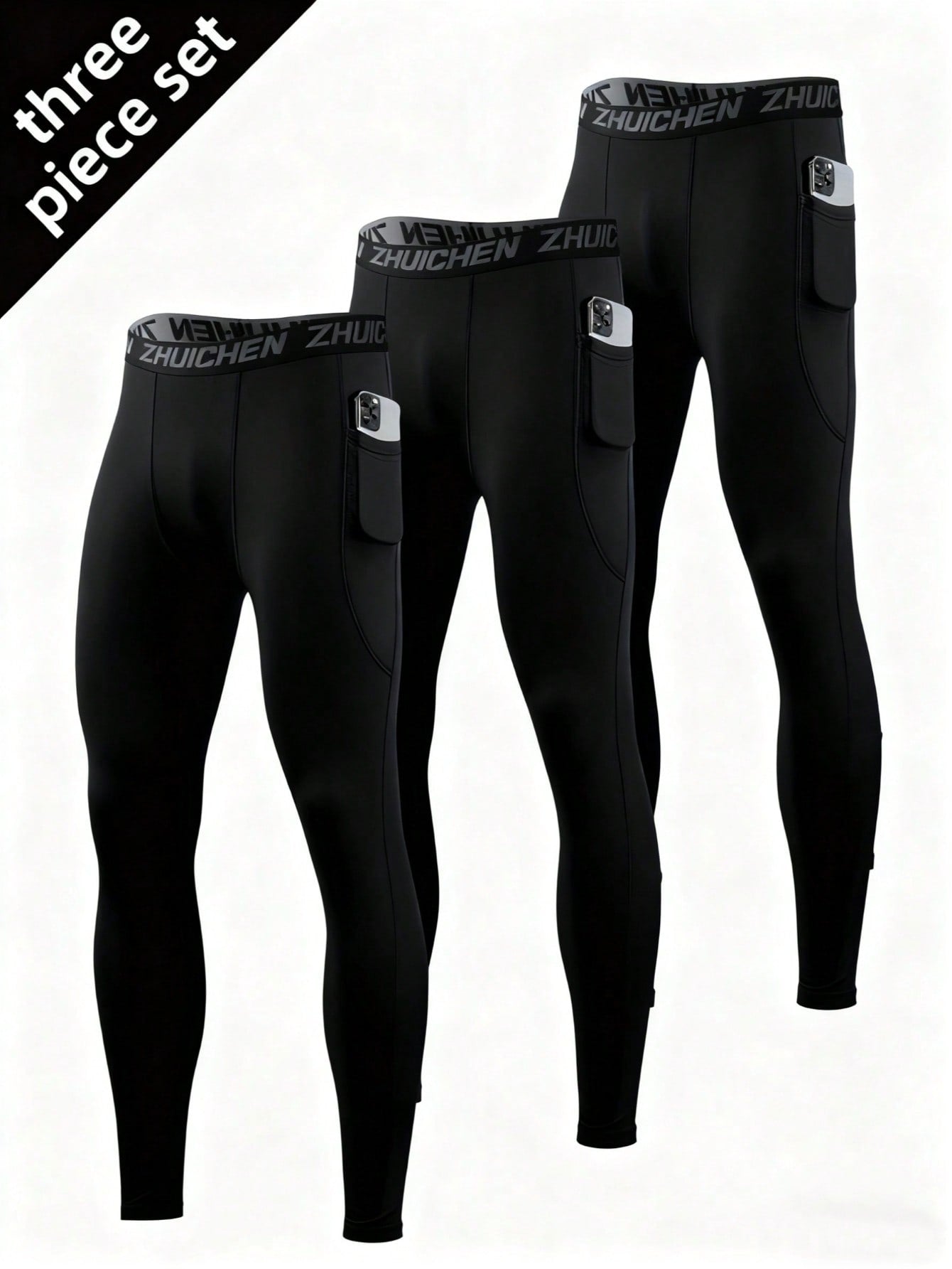 3pcs Men's Compression Tight Fit Sports Pants, With Pockets, Running Training Fitness Leggings, High Elasticity Lightweight Quick-Dry Comfortable Cycling Wear