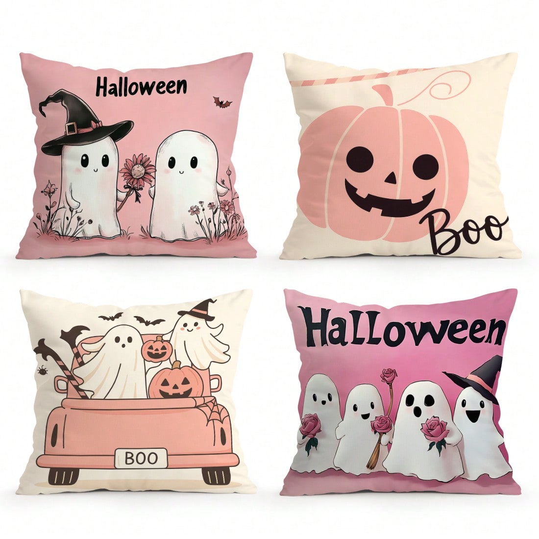 4pcs Pink Halloween Decorative Pattern Pillow Covers Without Inserts, Single-Sided Printed Pillow Covers, Suitable For Living Room Bedroom Home Decor, All-Season Pillow Covers