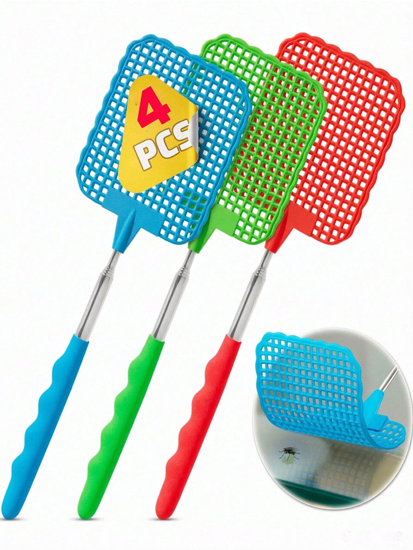 4pcs Set Extendable Stainless Steel Rod Indoor Fly Swatter, Fruit Fly Catcher, Mosquito Catcher, Indoor Insect Killer, Summer Essential (Random Color) Gardening Supplies, Summer, Kitchen Accessories