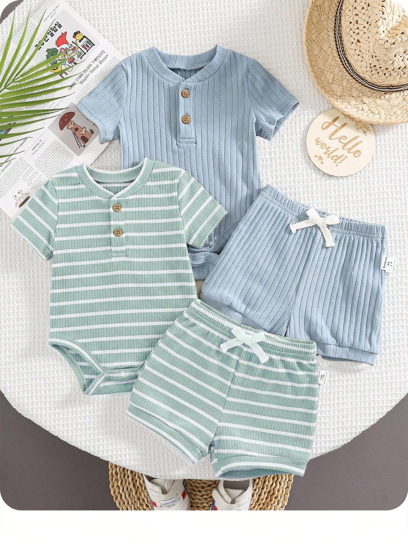 4pcs/Set Newborn Baby Boy/Girl Summer Cute Striped Blue Short Sleeve Romper & Shorts 4-Piece Outfit, Suitable For Home & Outings