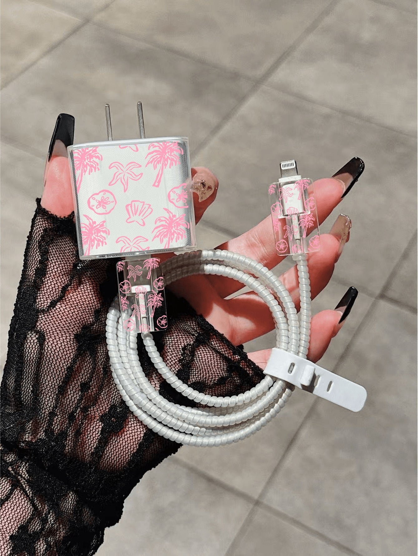 5pcs Charger Protective Case Set, Summer Beach Coconut Tree Pattern, Includes Data Cable Storage Accessories, 20W/18W Charging Adapter And Adapter Head Cover, Compatible With Apple 11/12/13/14/15/16/1