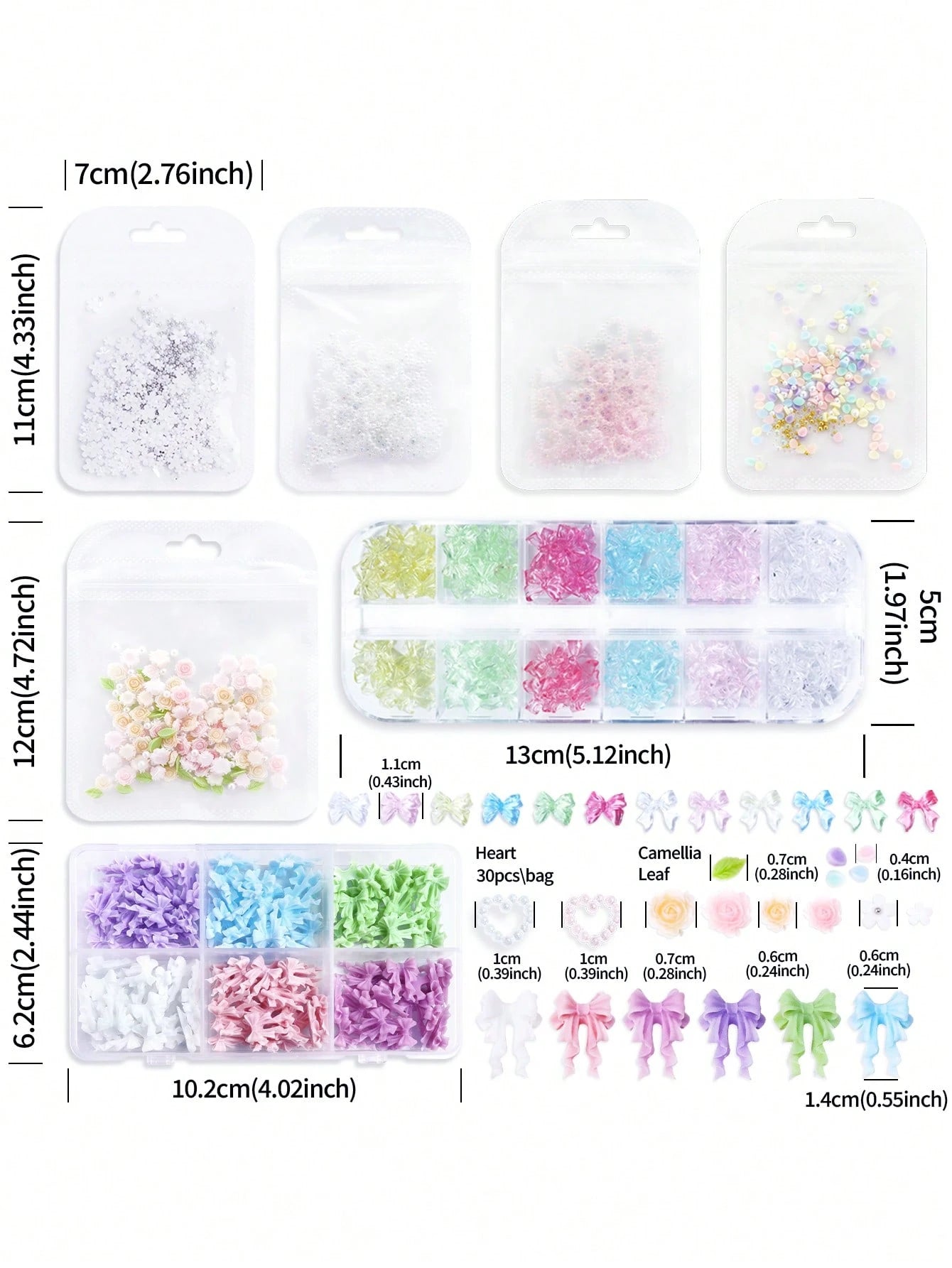 7pcs/Set Multi-Style Rose Bow Flower Heart Nail Art Decorations, Kawaii Nail Art Parts, Y2K Romantic Soft Minimalist Style Nail Art Supplies Accessories, Suitable For DIY Women's Nail Salon Design Dec