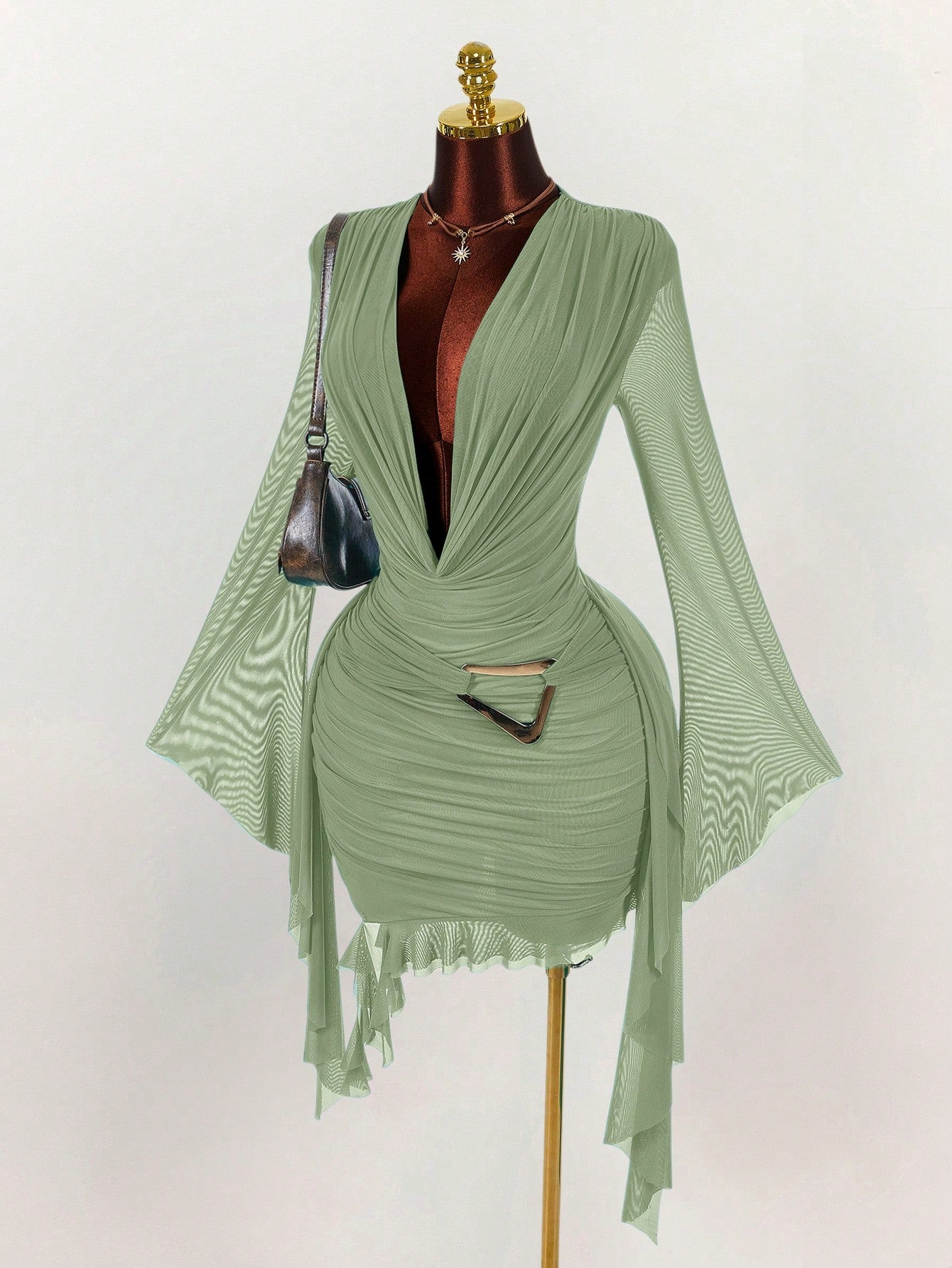 Amplova Women's Sage Green Summer Seksi Chic Party Night Long Sleeve Mesh Mini Dress,Fitted Ruffle Design Halter Neck Dress For New Year Christmas Halloween