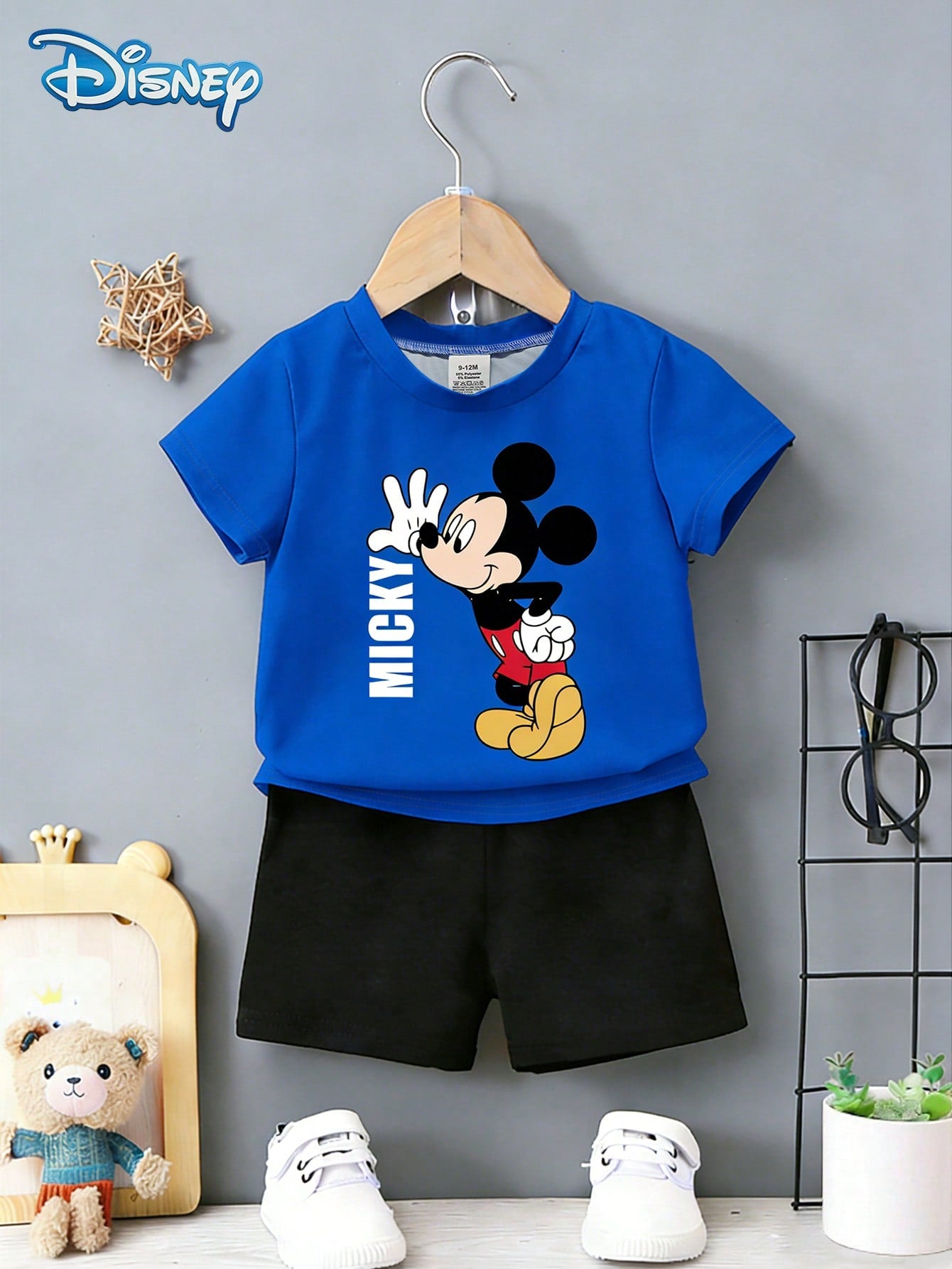 Baby Boy T-Shirt Set, Summer Disney Fresh Vacation Style, Straight Round Neck Blue Mickey Mouse T-Shirt + Black Shorts, Casual Daily Outing, Vacation, Gathering, Party Outfit, Suitable For Girls Under
