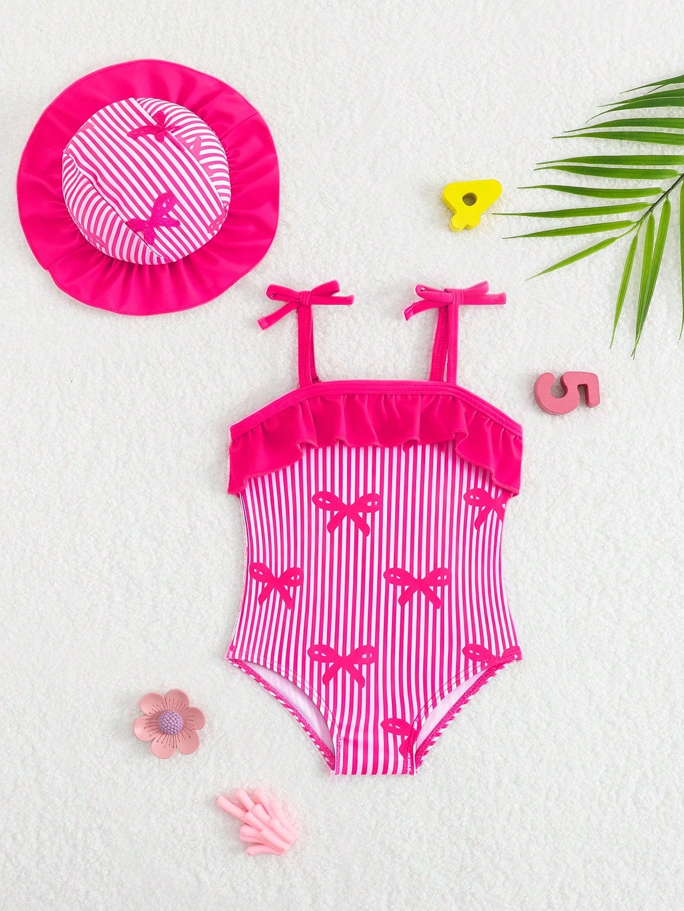 Baby Girl Cute Rose Red Bow Print Knit Swimsuit,2-Piece Set With Hat,Newborn Beachwear,Summer Holiday Pool Party,Blue And White Stripe,Swimming Suit