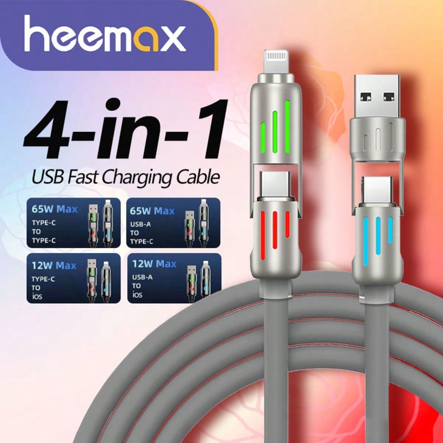 BinBoom 4 In 1 USB Charging Cable (3.3FT/3.9FT/6.6FT) With Breathing Light, USB A/C To C/L Multi Charging Cable For Phone 16 15 Pro Max, IPad Pro Air, SamSungS24, Phone 14 13 12