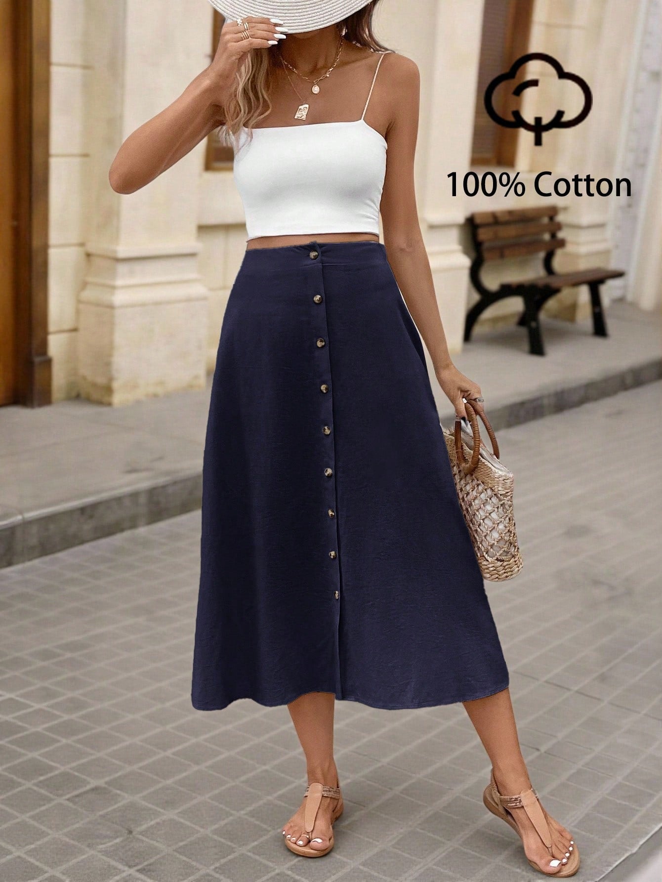 Brillora Casual Navy Blue Fabric A Line Long Skirt For Women