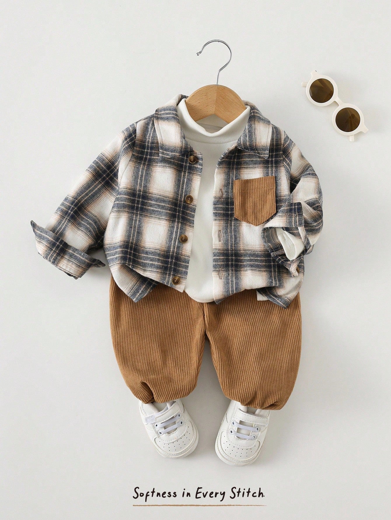Cozy Pixies 2pcs Baby Boy Colorful Plaid Collar Contrast Pocket Long Sleeve Cardigan & Solid Elastic Waist Ankle Pants Set