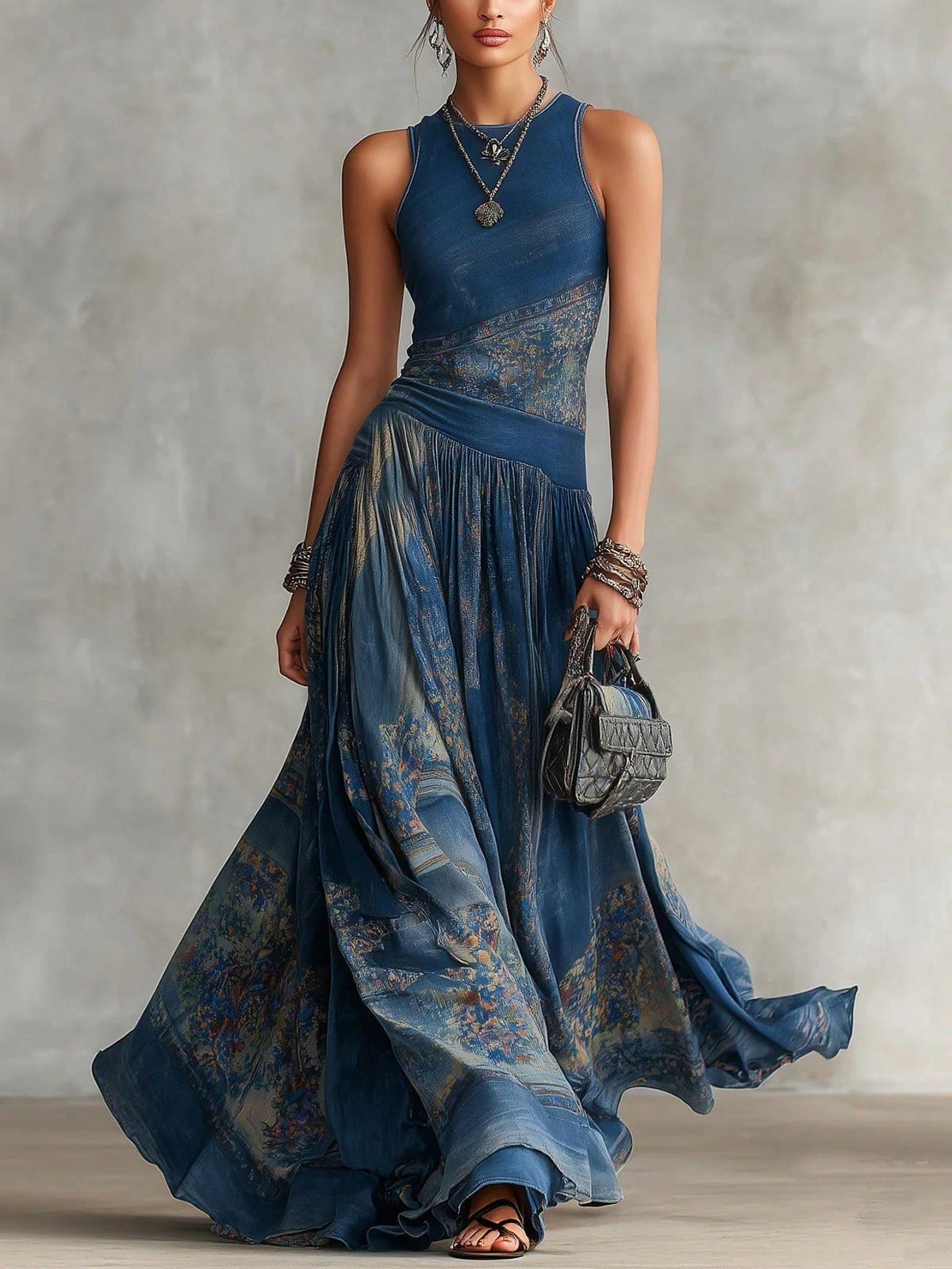 Elegant Round Neck Sleeveless Printed Maxi Dress, Flowy Pleated Waist Long Dress For Casual Vacation Party Summer Dresses For Women