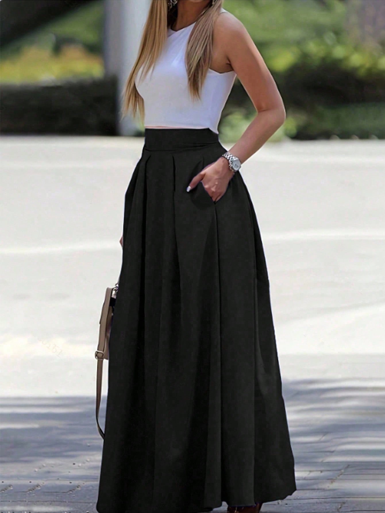 EMERY ROSE A-Line Solid Color High Waist Women Skirt