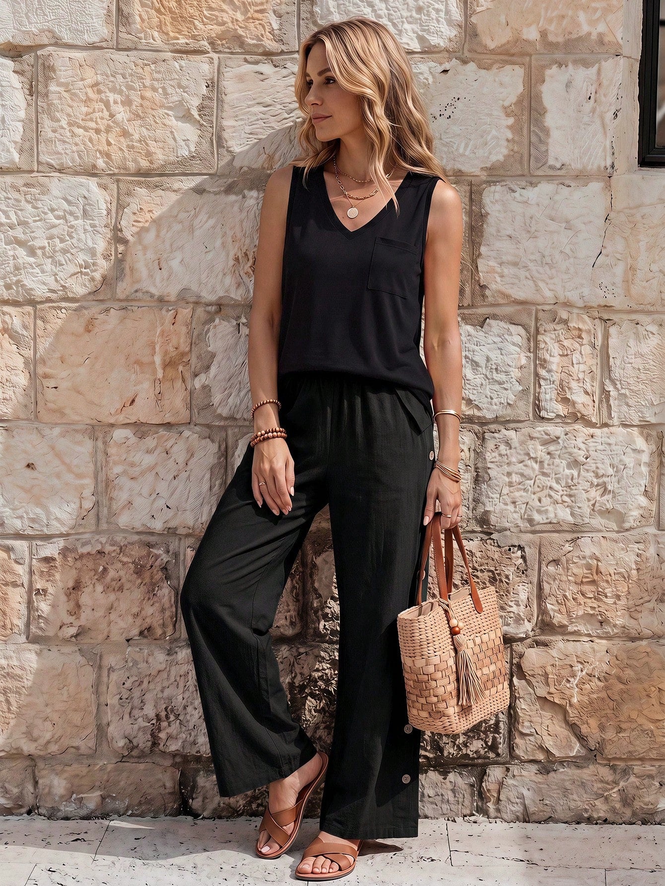 EMERY ROSE Women Leisure Solid Color Side Button Tapered Pants For Vacation