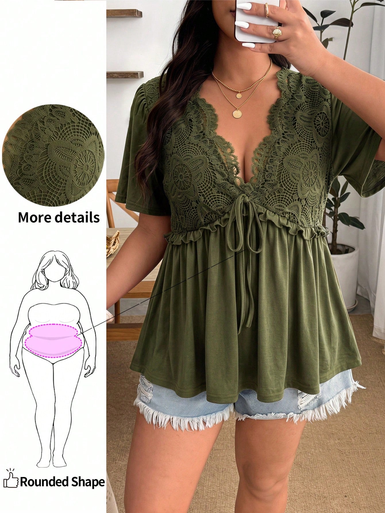 Enliva Plus Size Women's Spring/Summer Retro Sexy Elegant Commuter Casual Daily Vacation Bohemian Y2K Music Festival Lace Trim Ruffle Sleeve Top