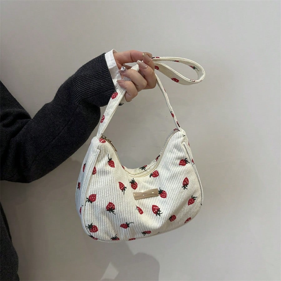 Fashion Solid Color Corduroy Shoulder Bag, Strawberry Pattern, Casual Crescent-Shaped Handbag, Women's Multifunctional Work Bag