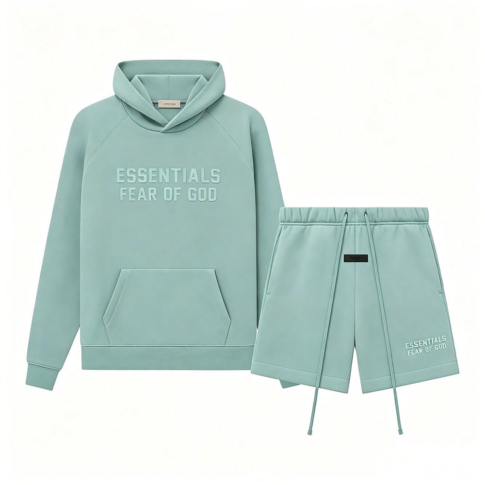 Fear of God Essentials Essentials SS23 Sycamore Fleece Tracksuit Set Letter Embossed Hoodie Drawstring Shorts Oversized Loungewear Spring Fall
