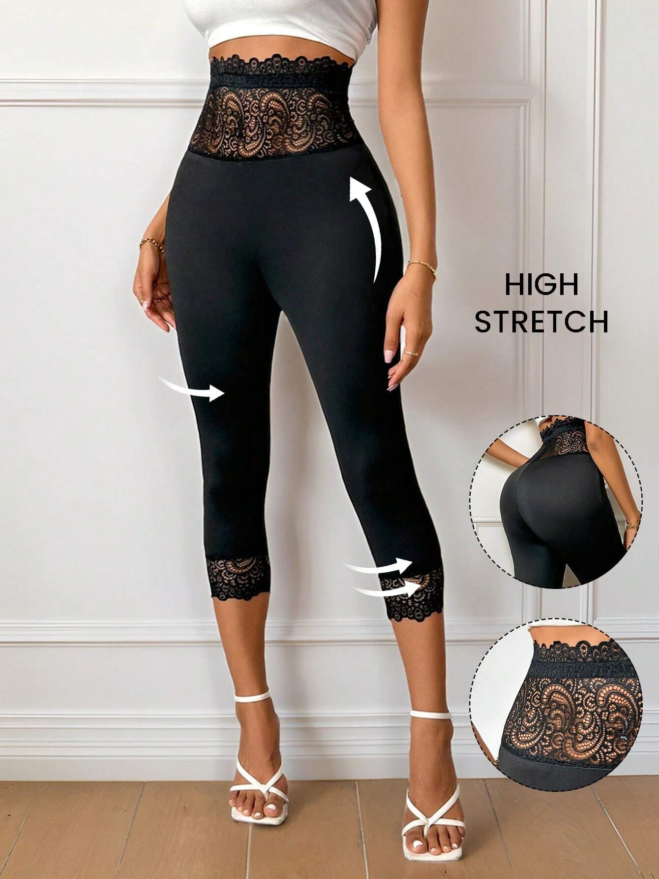 Firerie Women's Daily Elegant Chic Basic Simple Lace Butt Lifting High-Waisted Capri Leggings