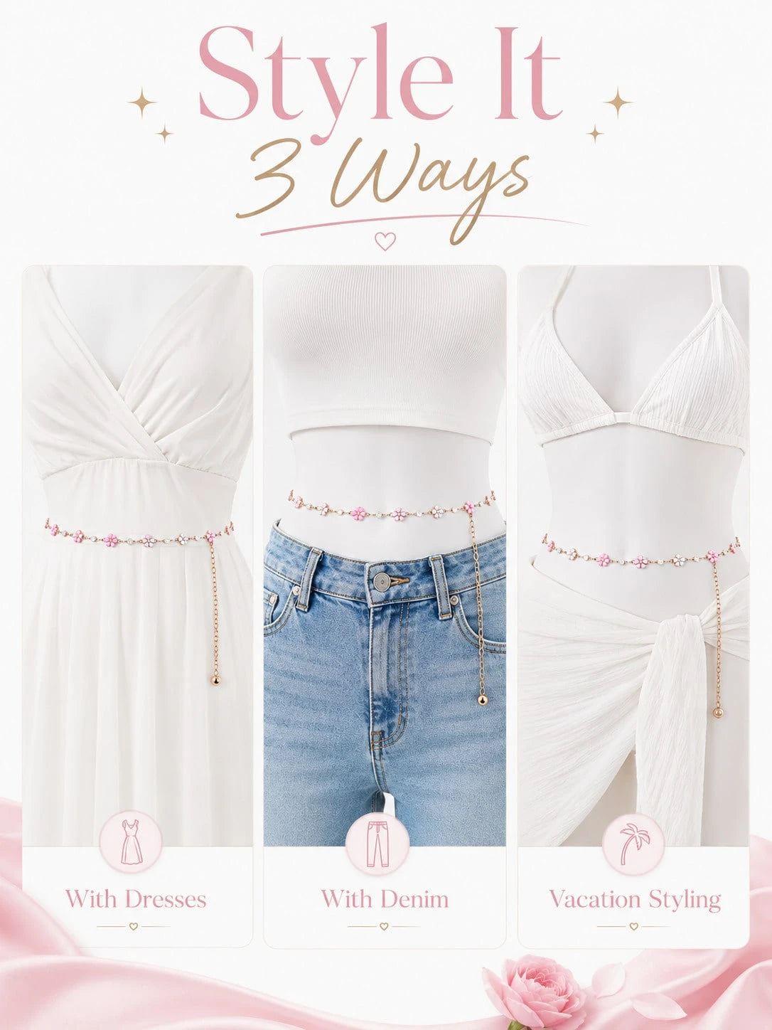 Floral Waist Chain Belt Women, Pink Flower Charm Chain Accessory Dresses, Outfits, Party And Vacation Styling