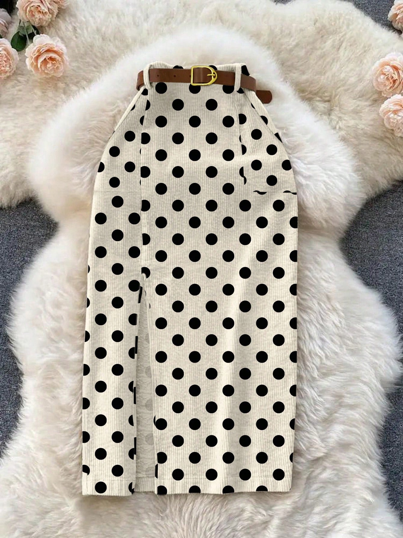 Franclia Khaki Polka Dot Print Corduroy Skirt With Patch Pockets, Slit Hem And Belt