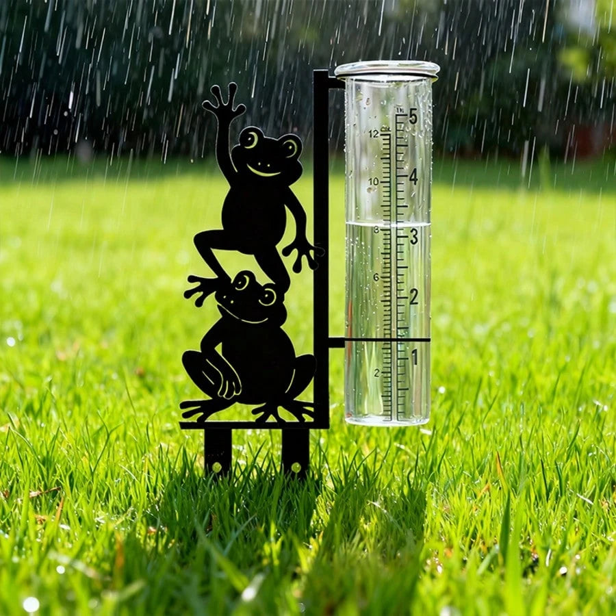 Frog Pattern Outdoor Rain Gauge (Includes Glass Measuring Cup), Large Capacity Metal Frame Rain Gauge, Suitable For Garden, Yard, Flower Pot, Patio And Lawn, Beautiful Stable And Durable Design