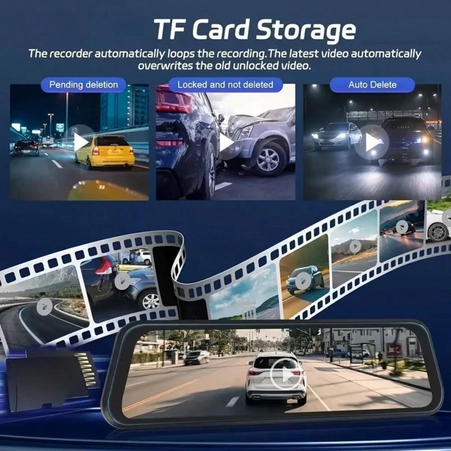 Front And Rear Mirror Dash Camera, Featuring A Rearview Mirror Camera With A TF Card, A 9.66-Inch 4K IPS Touchscreen, Loop Recording, Wide Angles Of 170° And 140°, Night Vision, G-Sensor, And An AHD B