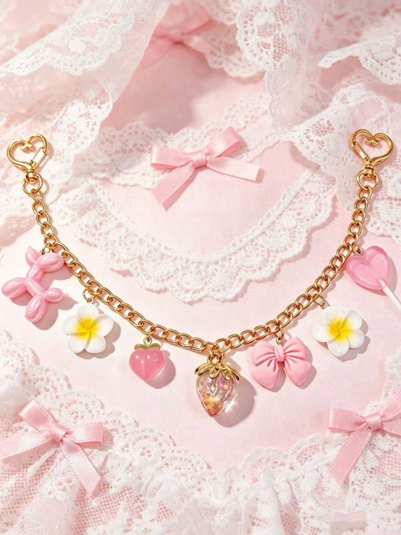 Gold Chain Pink Heart Cherry Bag Charm, Cute Keychain Pendant, Suitable For Crossbody Underarm Bag Wallet, Birthday Mother's Day Teacher's Day Gift