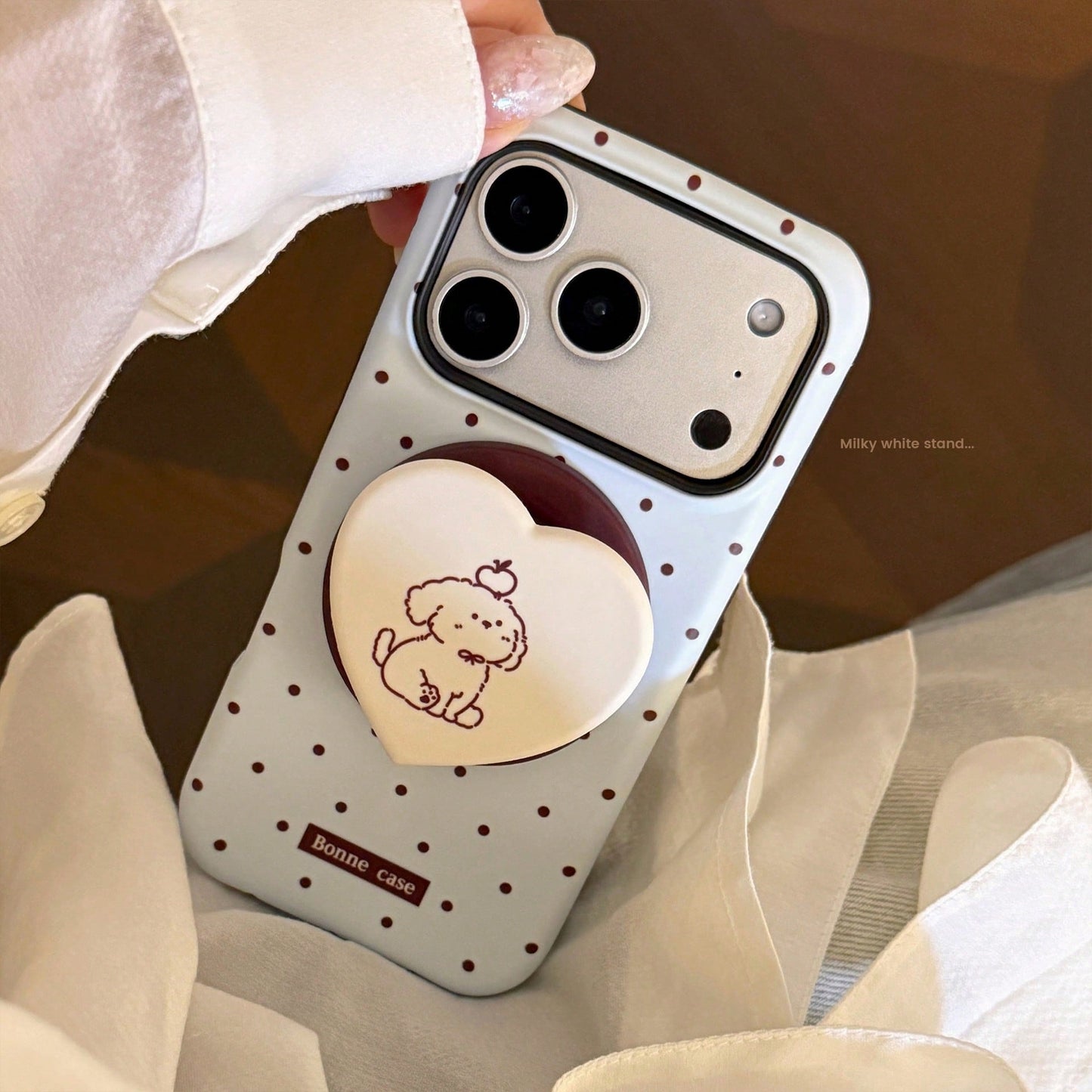 GUCADI Thin Brown Polka Dot + Chocolate Dog Magnetic Phone Case Compatible With Apple 17 Pro Max, Suitable For 16 Film, 15 Matte Hard Shell, 14 Magnetic Stand. Cute, Girly, Creative, Minimalist, Carto