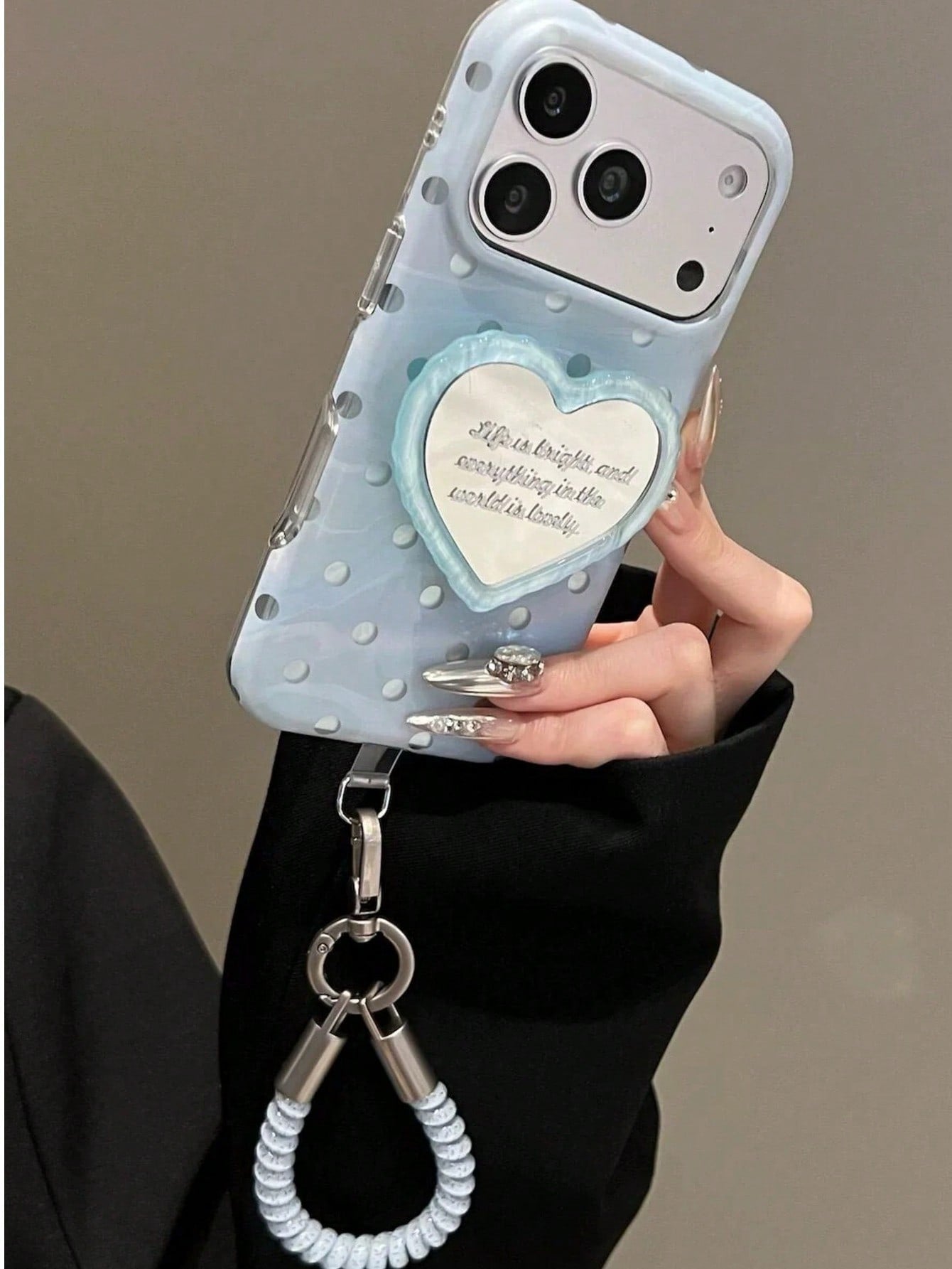 Ins Milk Blue Polka Dot Mirror Heart Phone Case Compatible With Iphone 17 Pro Max, 16, 15, 15 Pro, 16 Pro, 17 Pro, High-Quality Creative Niche Korean Style Shockproof Protective Cover