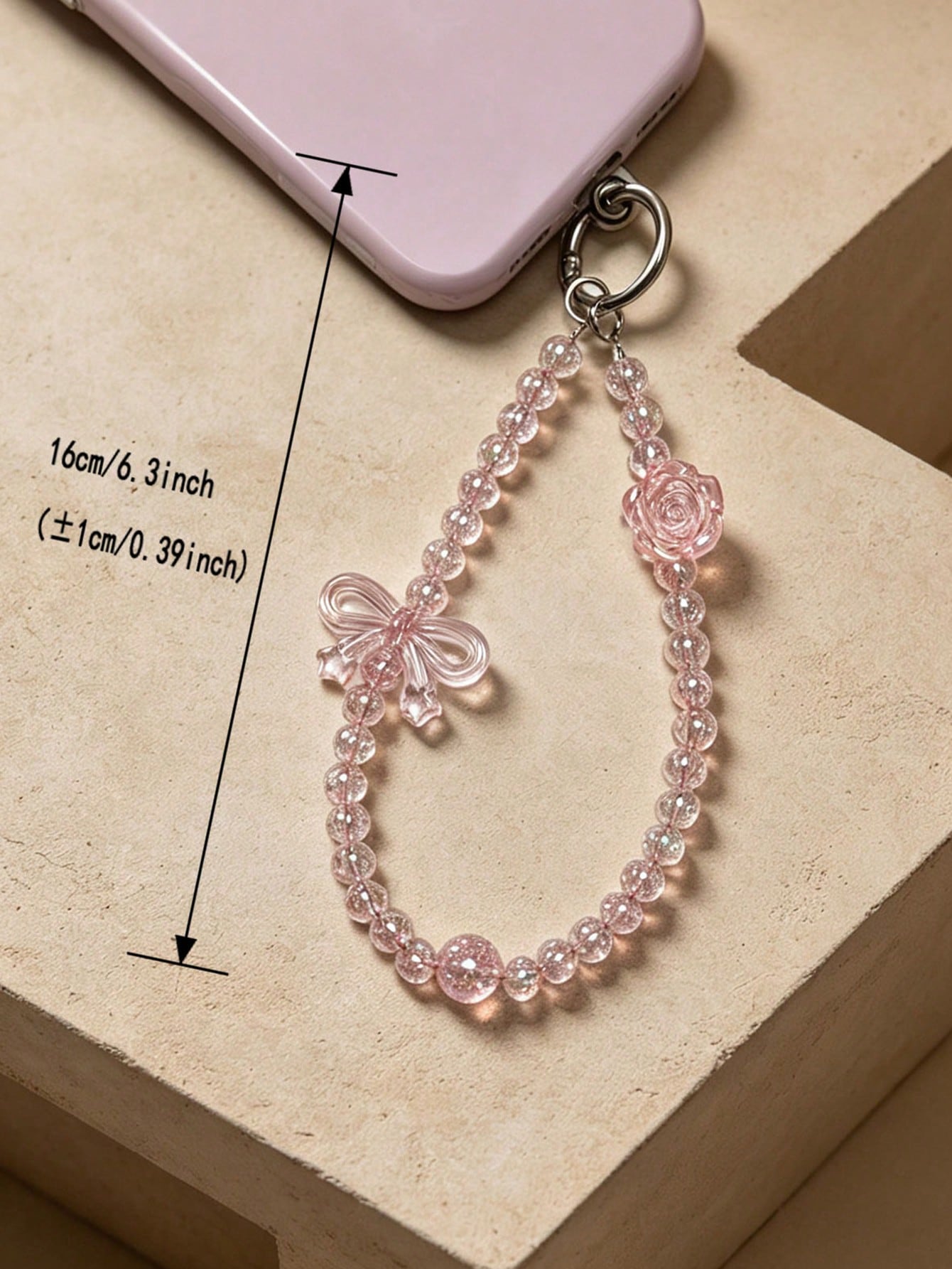 Iridescent Transparent Pink Crackle Beaded Phone Wrist Strap, 3D Bowknot & Rose Decor Sweet Girly Anti-Lost Hand Phone Chain, Dual-Use Portable Cute Pendant For Bracelet, Bag & Key Fashion Accessory