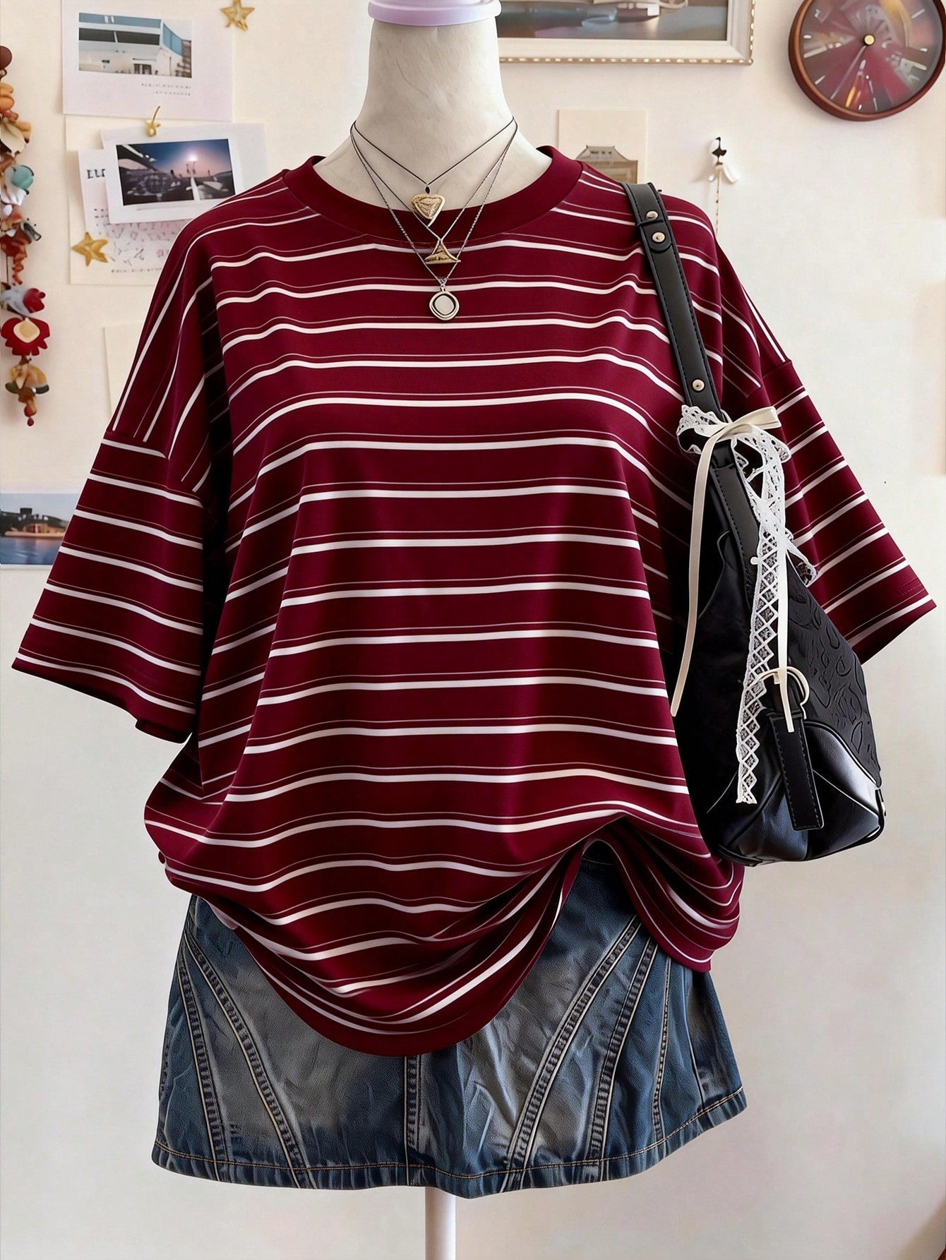 Lalippa Striped Digital Print Fashionable Minimalist Plus Size Long Round Neck Drop Shoulder T-Shirt, Gift For Friends