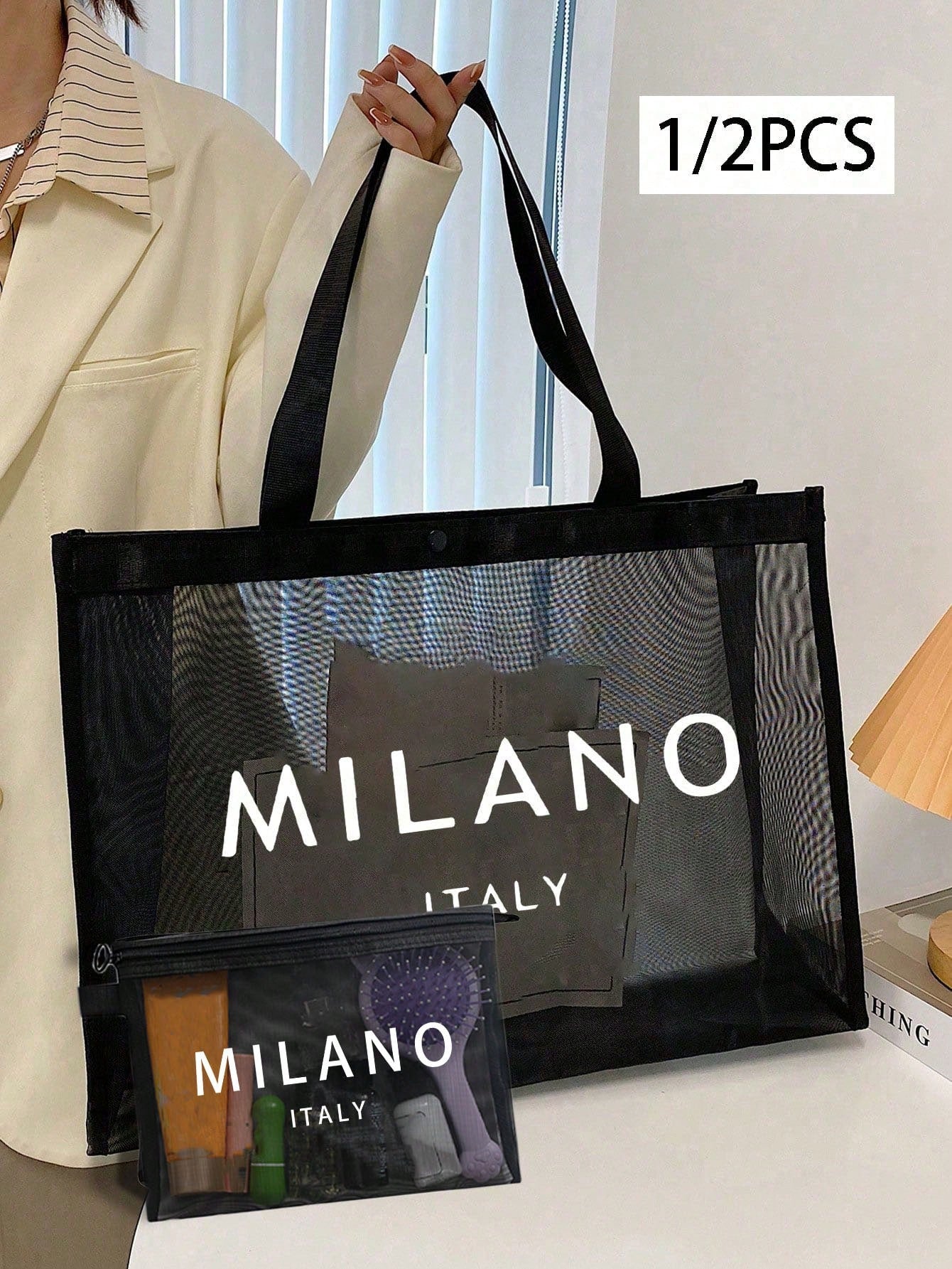 Large Capacity Mesh Shoulder Bag And Convenient Makeup Bag With "Milano" Printed On It,Portable Beach Vacation Large Capacity Handbag,Mesh Beach Bag,Portable Mesh Transparent Beauty Bag, Storage Bag