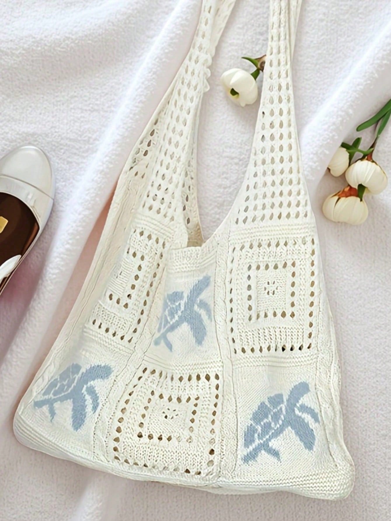 Large Capacity Open Top Woven Tote Bag, Women Crochet Sea Turtle Design Beige Straw Purse, Bohemian Beach Vacation Accessories, Handbag For Travel