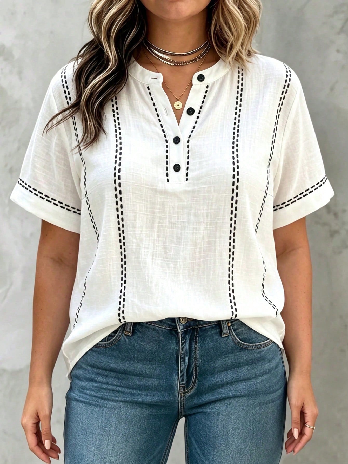 Linhara Curve Plus Size Women's Summer Minimalist Casual Fitted Small Stand Collar Striped Print Shirt, Suitable For Daily Wear