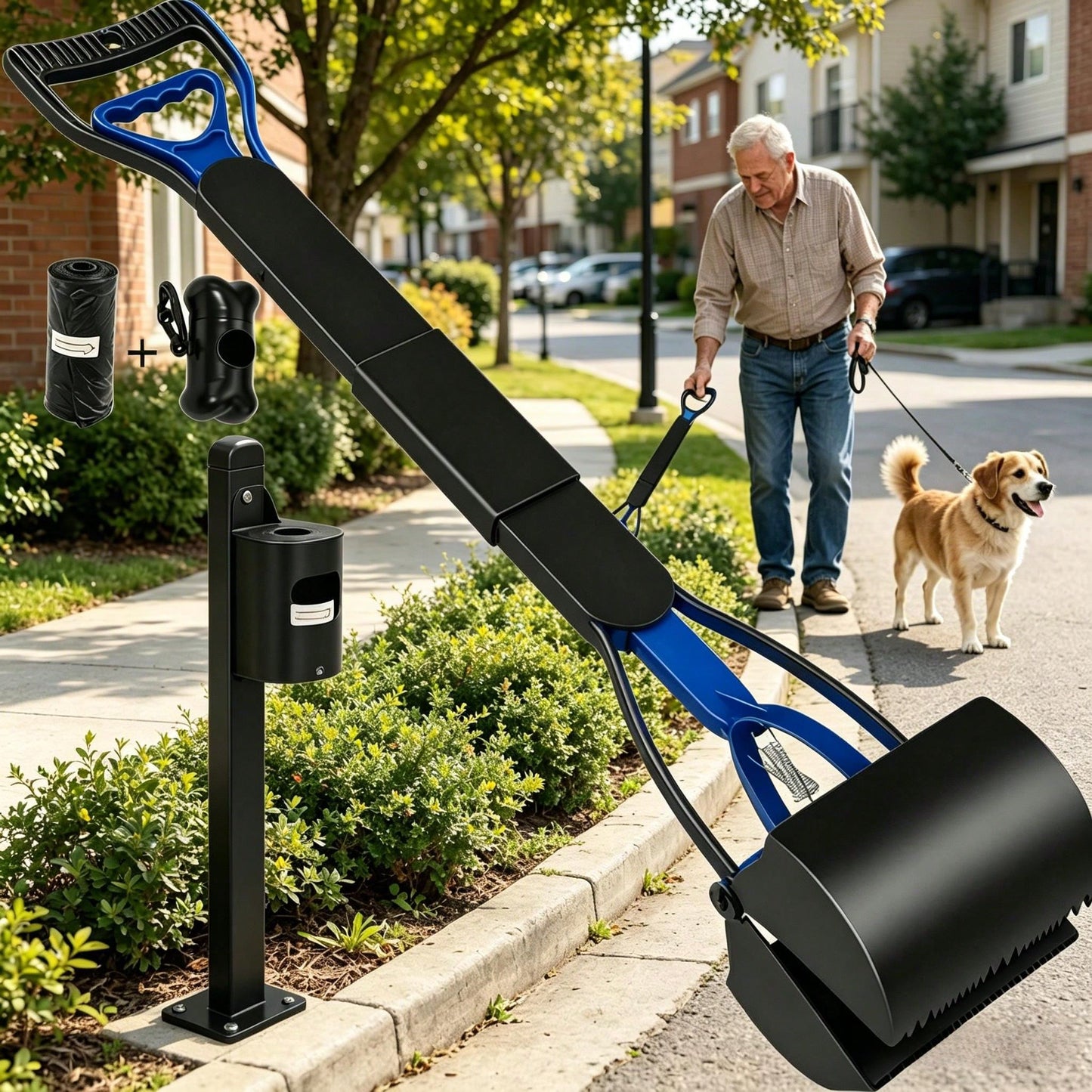 Long-Handled Dog Pick-Up Shovel Set (3pcs)| Including 20 Garbage Bags+Bone Receiver| Foldable And Portable| Cleaning Large And Medium-Sized Dog Feces| Suitable For Courtyard Lawn.